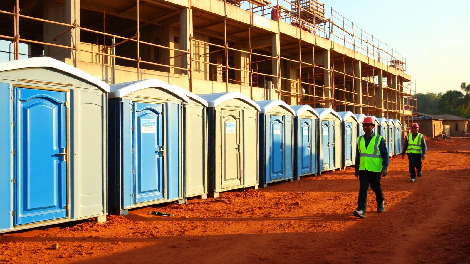 Fila de cabines sanitárias plásticas num estaleiro em Moçambique