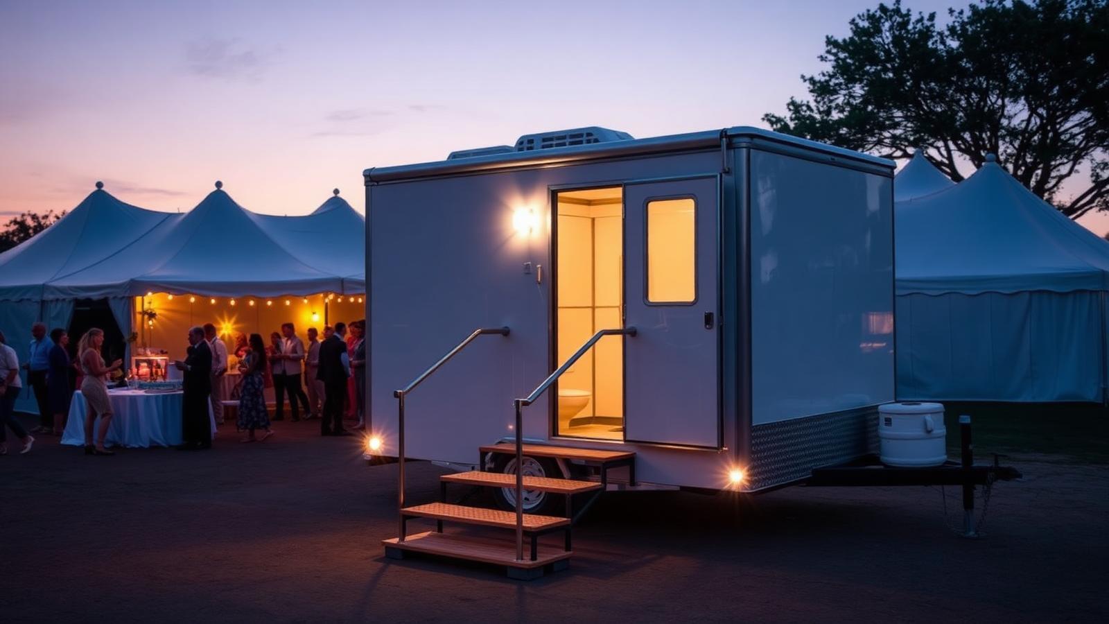 Trailer sanitário de luxo instalado num evento ao anoitecer